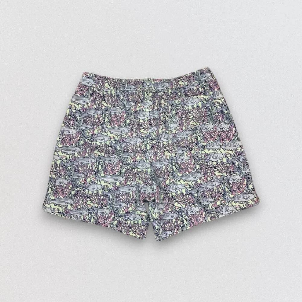 Men's Coral Reef Fish Print Swim Trunks L Beach Shorts Mesh Lined